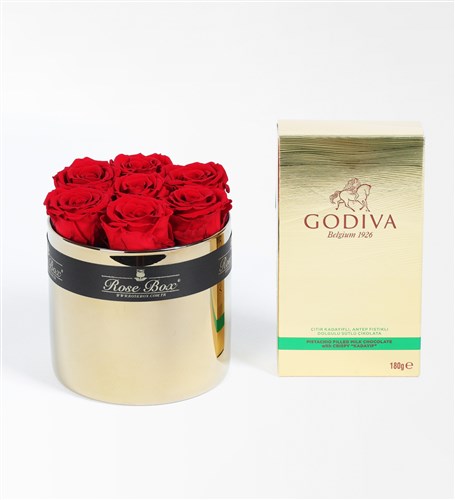 Nilsu Flower Gold Camda Kırmızı Solmayan Güller X Godiva Çıdır Kadayıflı, Dolgulu Antep Fıstıklı Çikolata Hediye Seti
